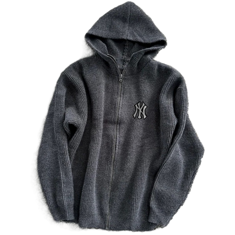 Yankees MLB Retro Grey Zip-Up High-Neck Hooded Cardigan
