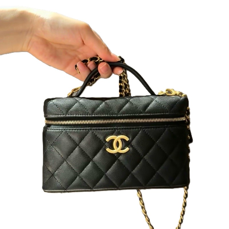 Chanel Caviar Quilted Top Handle Slim Makeup Bag with Chain, Black